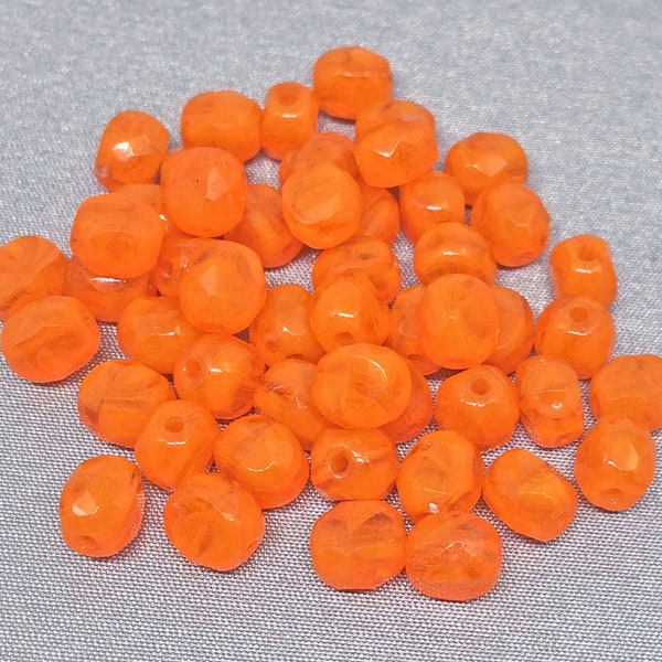 50 Bright Creamy Opalescent Orange Czech Two Way Faceted Coin Glass Beads 6mm