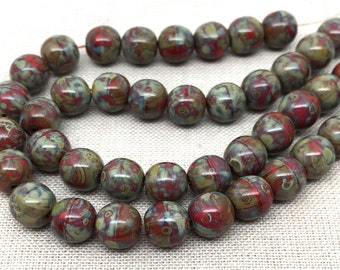 25 Red Picasso Czech Round Glass Beads 8mm