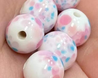 6 Vintage White Pink Japan Cherry Brand Round Glass Beads