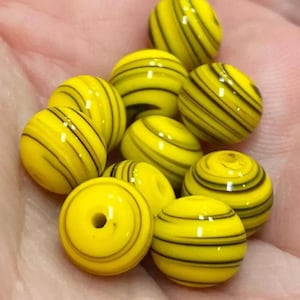 10 Vintage Yellow Japan Striped Round Glass Beads