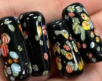 4 Vintage Black Japan Millefiori Tube Glass Beads