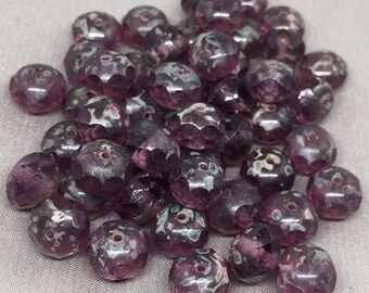 25 Amethyst Purple Picasso Czech Rondelle Glass Beads