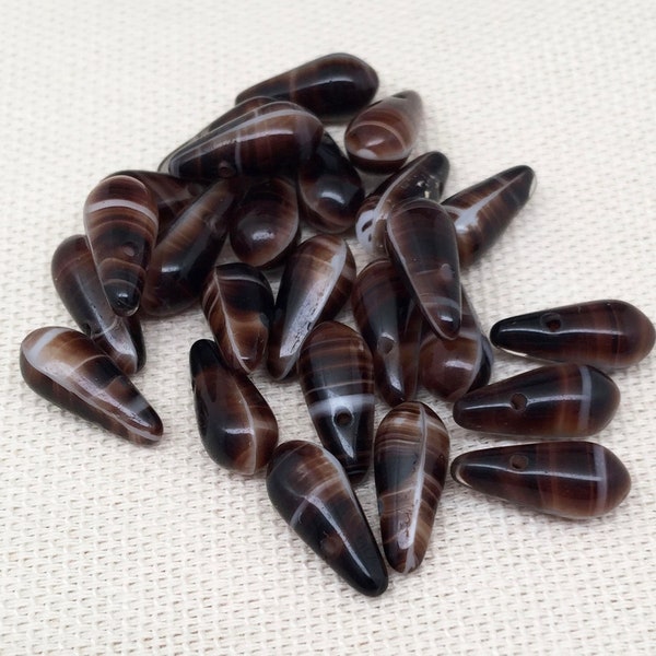 25 Dark Brown Striped Czech Briolette Drop Glass Beads 12mm