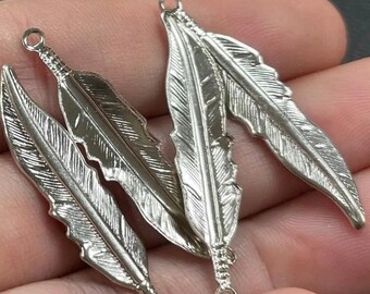 4 Vintage Silver Plated Feather Metal Pendants