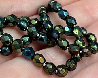100 Metallic Iris Green Czech Faceted Glass Beads