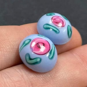 2 Vintage Blue German Floral Round Glass Cabochons
