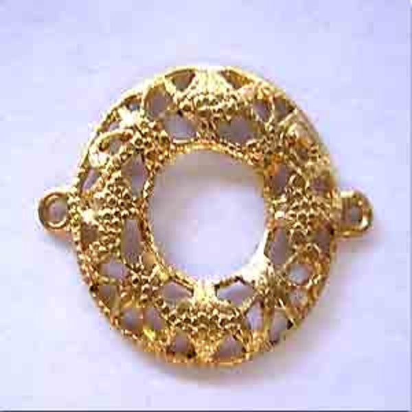 6 vintage gold round filigree metal connectors