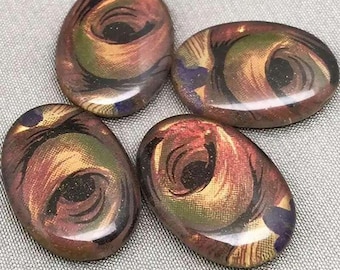 4 Vintage Brown Metallic Floral Oval Glass Cabochons