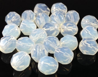 50 White Opalescent Czech Glass Beads Faceted 6mm