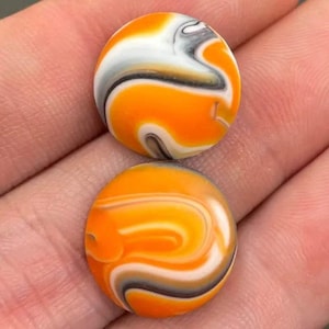 2 Vintage Japan Orange Swirl Matte Round Glass Cabochons