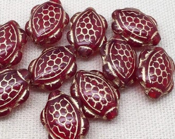 10 Red Gold Czech Turtle Glass Beads