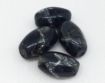 4 Vintage Black Bronze Metallic Foil Japan Oval Glass Beads