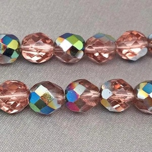 25 Pink Vitrail Czech Fire Polished Glass Beads