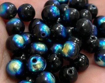 50 Black AB Czech Round Glass Beads