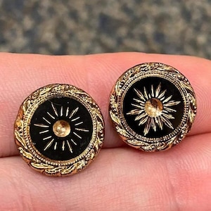 2 Vintage Black Golden Sun Rays Round Glass Cabochons