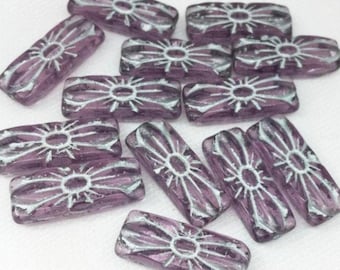 10 Vintage Light Amethyst Czech Carved Rectangle Glass Beads