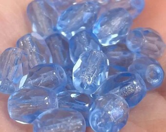 50 Vintage Blue Sapphire Czech Faceted Oval Glass Beads
