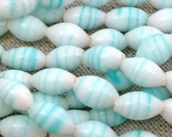 50 Vintage Blue Aqua White Japan Striped Oval Glass Beads