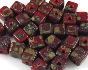 25 Red Picasso Czech Cube Glass Beads