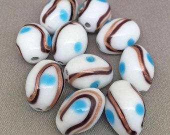 10 vintage blue polka dot white oval glass beads