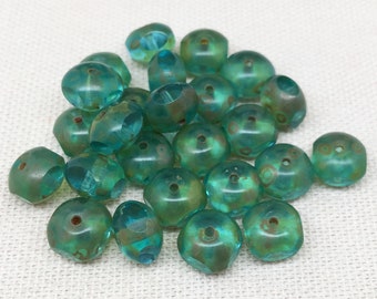 25 Aqua Green Picasso Czech Quadrie Rondelle Glass Beads 9mm