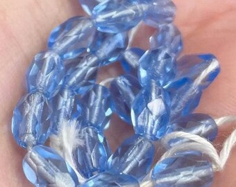 50 Vintage Blue Sapphire Czech Oval Faceted Glass Beads