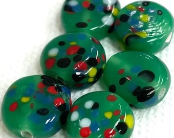 6 cuentas de vidrio con forma de moneda de ópalo moteado verde vintage de Japón