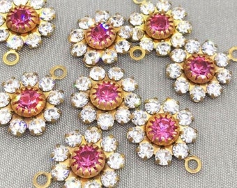 4 vintage brass clear pink swarovski charms