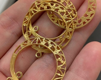 4 Vintage Golden Filigree Hoop Pendants