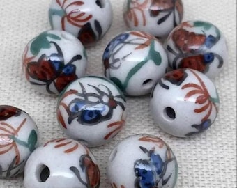 10 perles rondes vintage en porcelaine blanche à motif papillon et fleurs