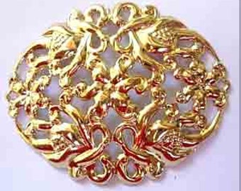 1 vintage large gold plated oval stamping ribbons & flowers #8838