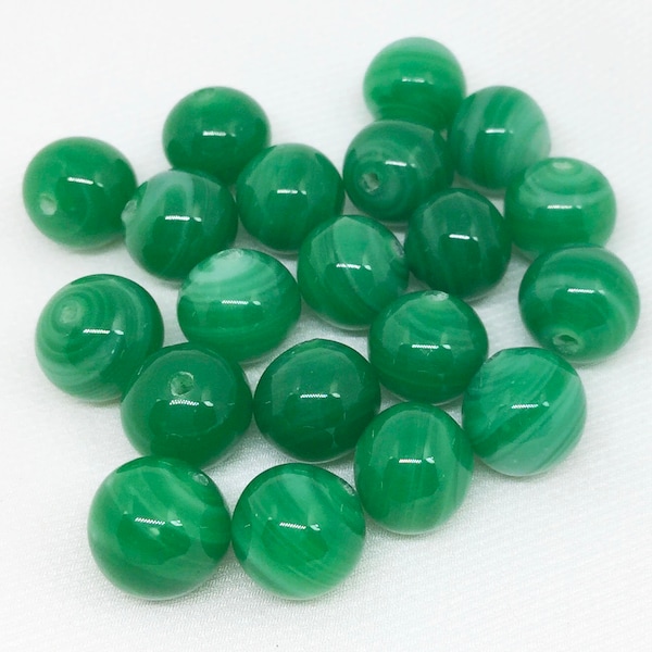 10 Vintage Handmade Green Jade Japan Round Striped Glass Beads 10mm