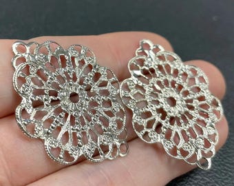 4 Vintage Silver Plated Filigree Large Oval Metal Connectors