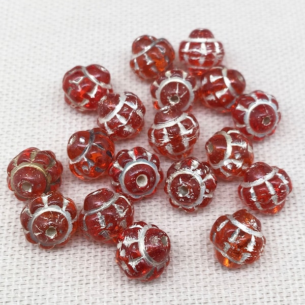 20 Vintage Translucent Fire Red Czech Silver Etched Saturn Glass Beads 8mm