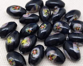 10 vintage black japan millefiori oval glass beads