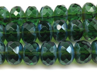 12 Large Green Picasso Czech Rondelle Glass Beads 13x9mm