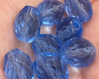 8 Vintage Blue Sapphire Czech Faceted Oval Glass Beads