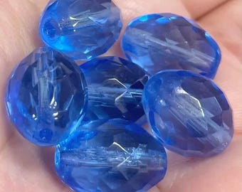 6 Vintage Blue Sapphire Czech Faceted Oval Glass Beads