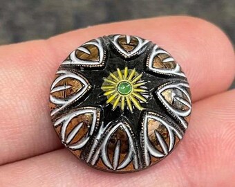 2 Vintage Fancy Vintage Black Gold Round Glass Cabochons  #9128