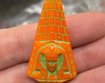 1 Vintage Orange Egyptian Motif Glass Cabochon #9533