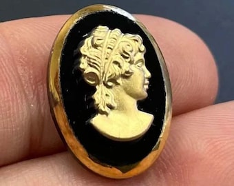 1 Vintage Black Gold Cameo Oval Glass Cabochon