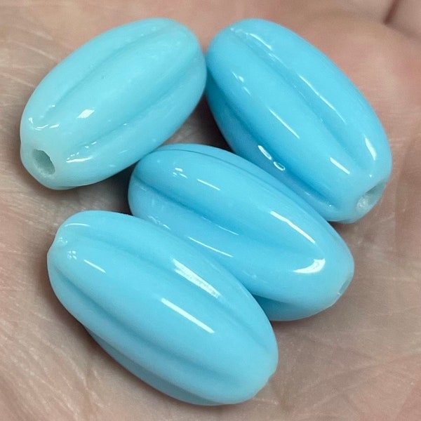 4 Vintage Ribbed Light Blue Japan Oval Glass Beads #8227