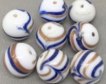 8 Vintage Handmade Stiped White Round Glass Beads