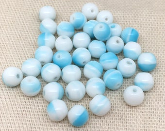 25 Vintage White Turquoise Czech Round Glass Beads 6mm