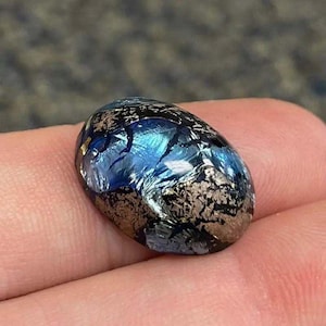 1 Vintage Blue Silver Foil Oval Glass Cabochon
