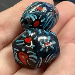 2 Vintage Blue Striped Blue Oval Abstract Glass Beads