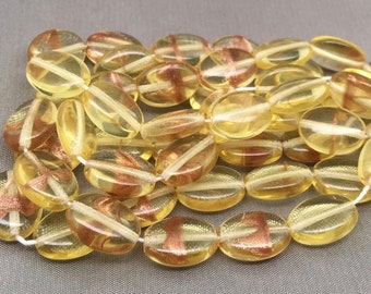 25 Translucent Yellow & Aventurine Czech Oval Glass Beads 12mm