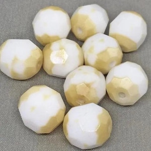 8 Vintage Beige White Givre German Faceted Glass Beads