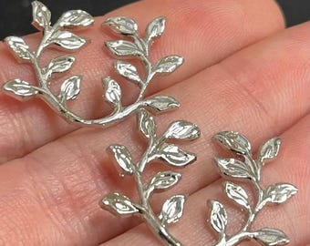 6 Vintage Silver Plated Twin Leaves Metal Stampings