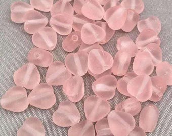 50 Vintage Pink Czech Matte Heart Glass Beads